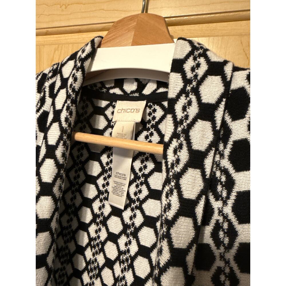 Chicos Black White Geometric Open Front Cardigan Sweater, Size 1